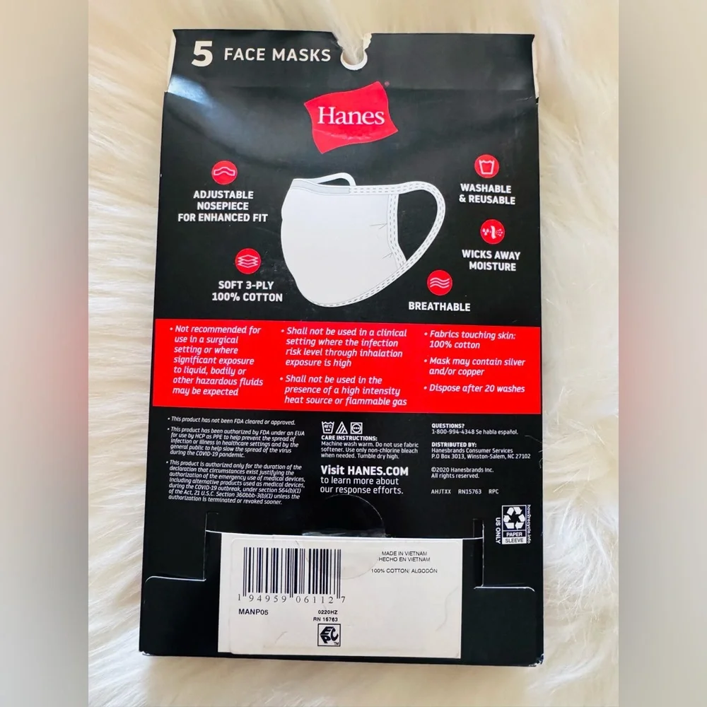 8 Hanes Breathable White Cotton Masks Adult Large and One Size Fits Most